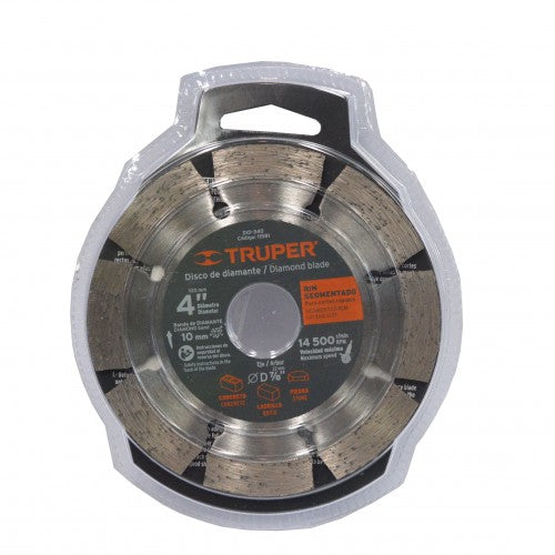 Truper Diamond Segmented Rim Blade, 100mm x 22mm, designed for efficient cutting of concrete, brick, and stone.