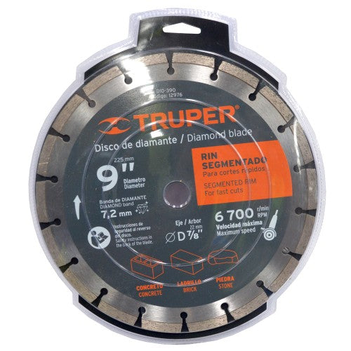 Truper Diamond Segmented Rim Blade (225mm) for precise cutting of concrete, masonry, and stone with high durability.