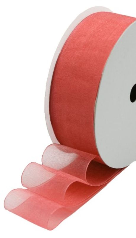 Vibrant 40mm coral organza ribbon roll, perfect for elegant gift wrapping and DIY craft embellishments.