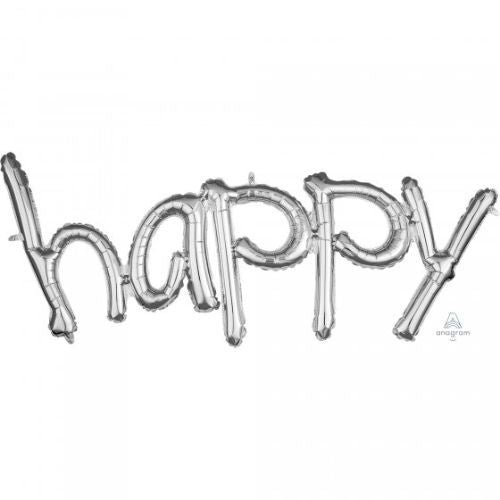 Elegant Happy Silver foil balloon measuring 104cm x 50cm, perfect for festive celebrations and photo ops.