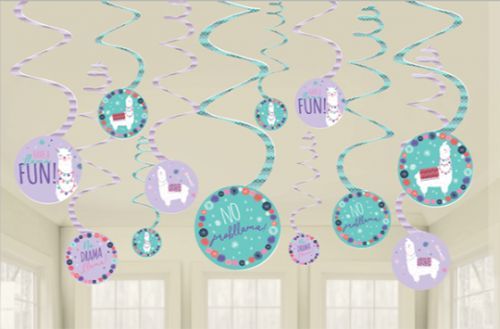 Colorful Llama-themed swirl decorations in a pack of 12 for festive events.