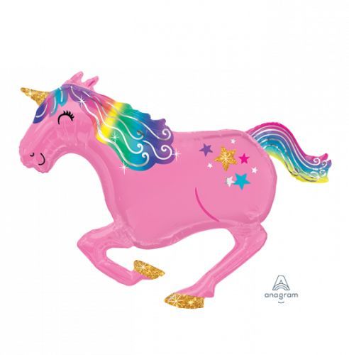 SuperShape Pink Unicorn Balloon: 99cm x 86cm, vibrant self-sealing foil, perfect for kids' parties and whimsical decor.
