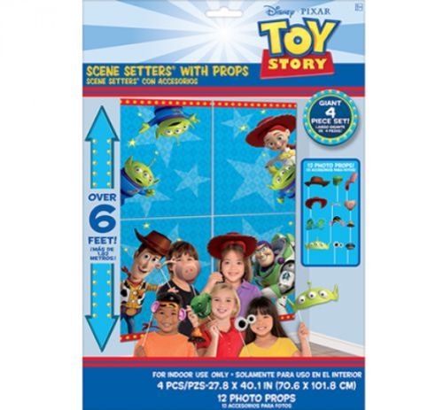 Colorful Toy Story 4 scene setter with props, featuring Woody, Buzz, and Forky for a fun birthday party decor.