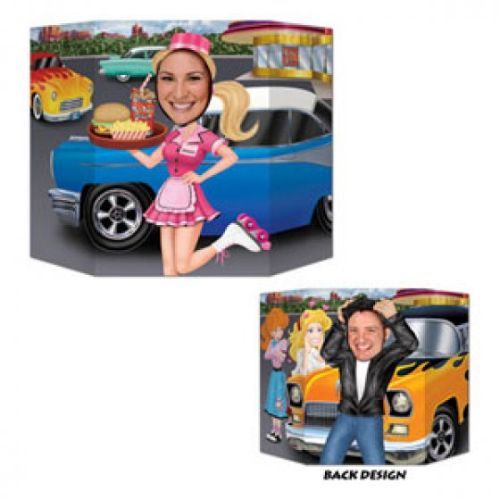 Cardboard photo prop featuring a 50's car hop on one side and a greaser on the other, measuring 94cm x 64cm.