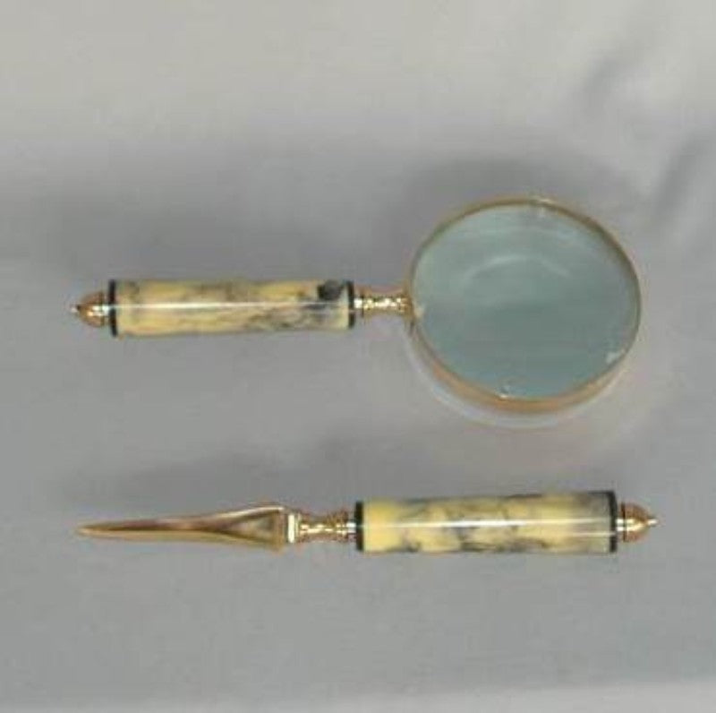 Magnifier And Knife Set - Marble Look (2pc) - Indian Brass