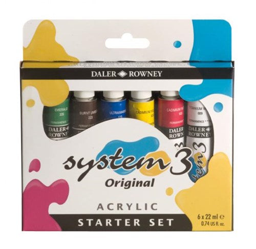 Rown Sys 3 Acrylic Starter Set with 6 vibrant 22ml tubes, ideal for artists of all levels, features quick-drying, lightfast colors.