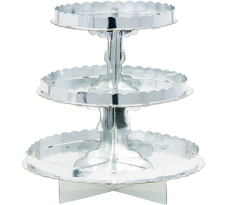 Elegant 3 tier silver cupcake stand, 11 inches, perfect for showcasing desserts at any celebration.