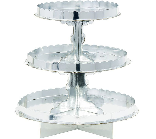 Elegant 3 tier silver cupcake stand, 11 inches, perfect for showcasing desserts at any celebration.