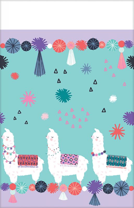 Brightly colored Llama Fun Tablecover Paper featuring cute llamas, perfect for kids' parties and easy clean-up.