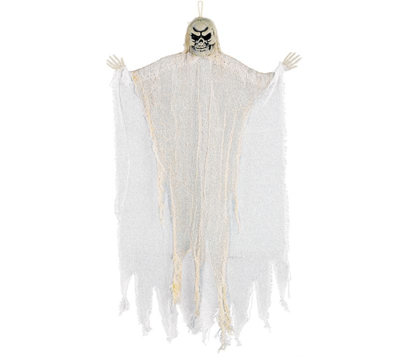 Medium White Reaper hanging decoration, 61cm, with flowing fabric and plastic for a haunting Halloween atmosphere.