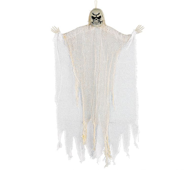 Medium White Reaper hanging decoration, 61cm, with flowing fabric and plastic for a haunting Halloween atmosphere.