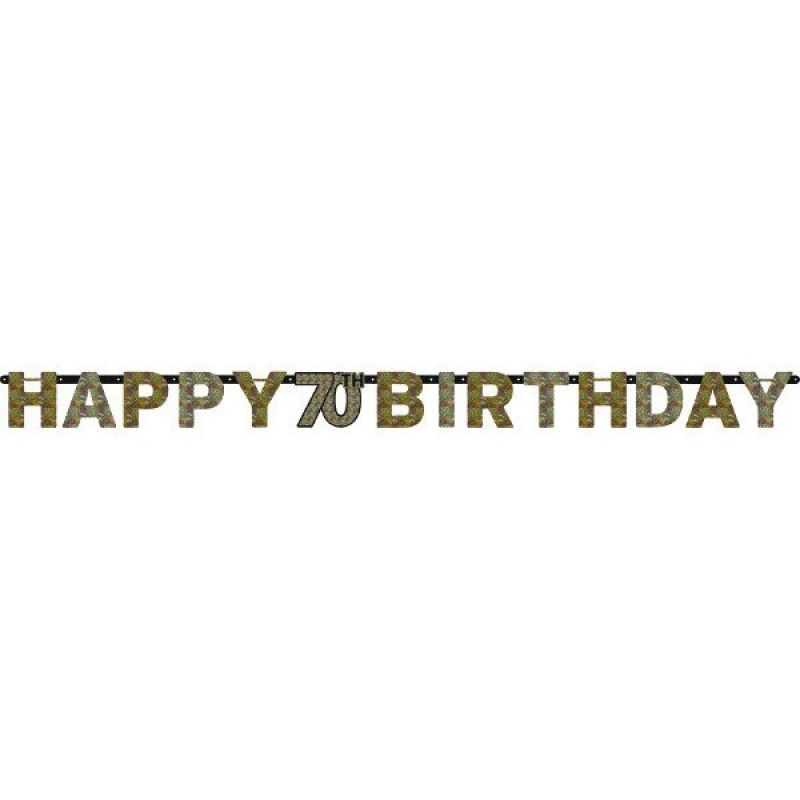 Vibrant prismatic letter banner for a 70th birthday celebration, measuring 17cm x 2.13m, perfect for festive decorations.
