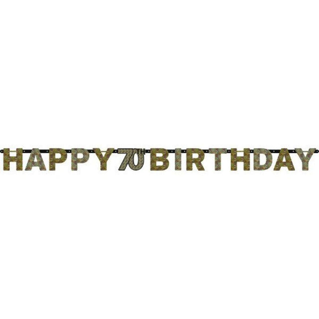Vibrant prismatic letter banner for a 70th birthday celebration, measuring 17cm x 2.13m, perfect for festive decorations.