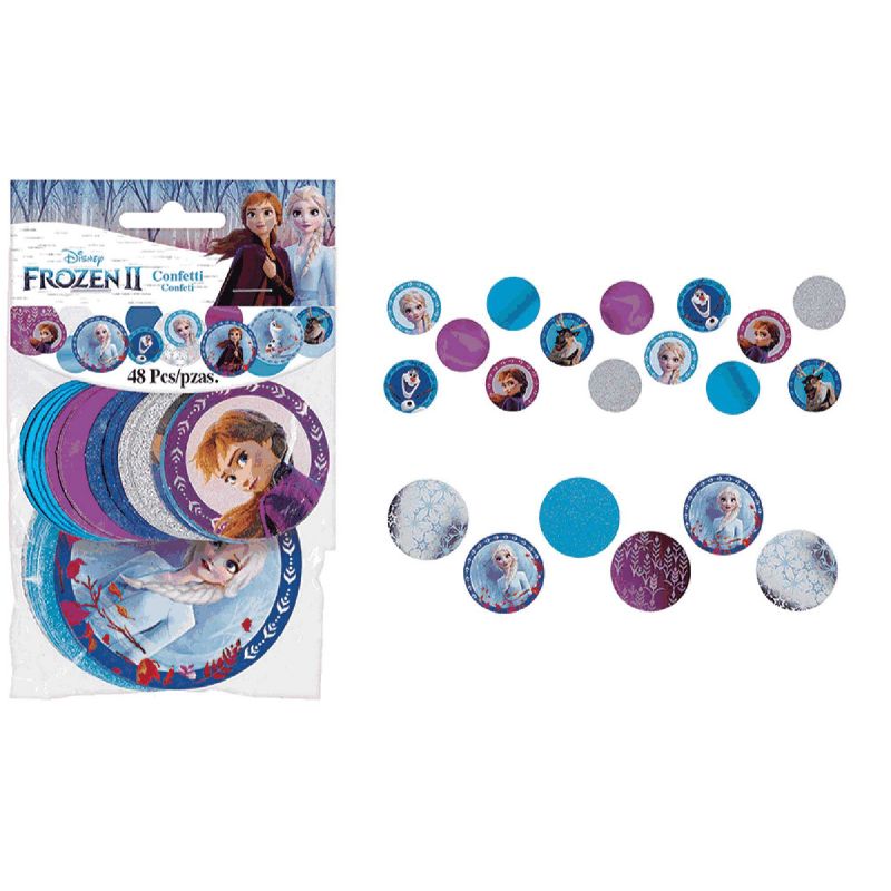 Assorted large Frozen 2 confetti circles featuring characters for enchanting party decorations and crafts.