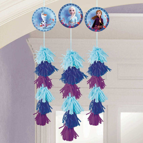 Frozen 2 themed dangling decorations in a pack of 3, made of cardboard and paper, each 1.9m long.