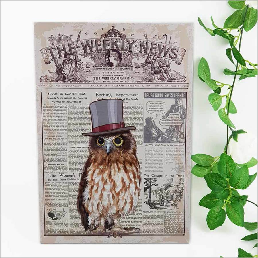 Kiwiana Wall Art - Rectangle Large: Vintage Ruru Morepork
