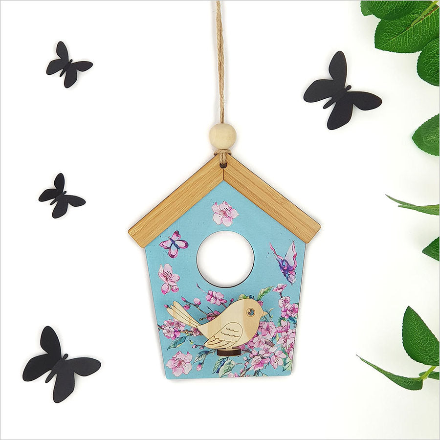 Elegant blue cherry blossom birdhouse wall art, laser-cut pine, 135mm x 160mm, ready to hang for charming decor.