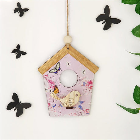 Decorative pink rose birdhouse wall art, laser-cut pine, 4mm MDF, ready to hang, perfect for nature-inspired decor.