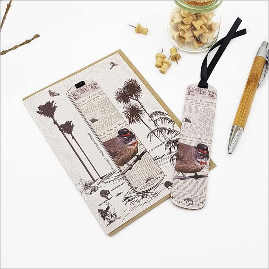 Vintage Kiwi Bookmark Greeting Card with bamboo bookmark and eco-friendly design, perfect for any occasion.