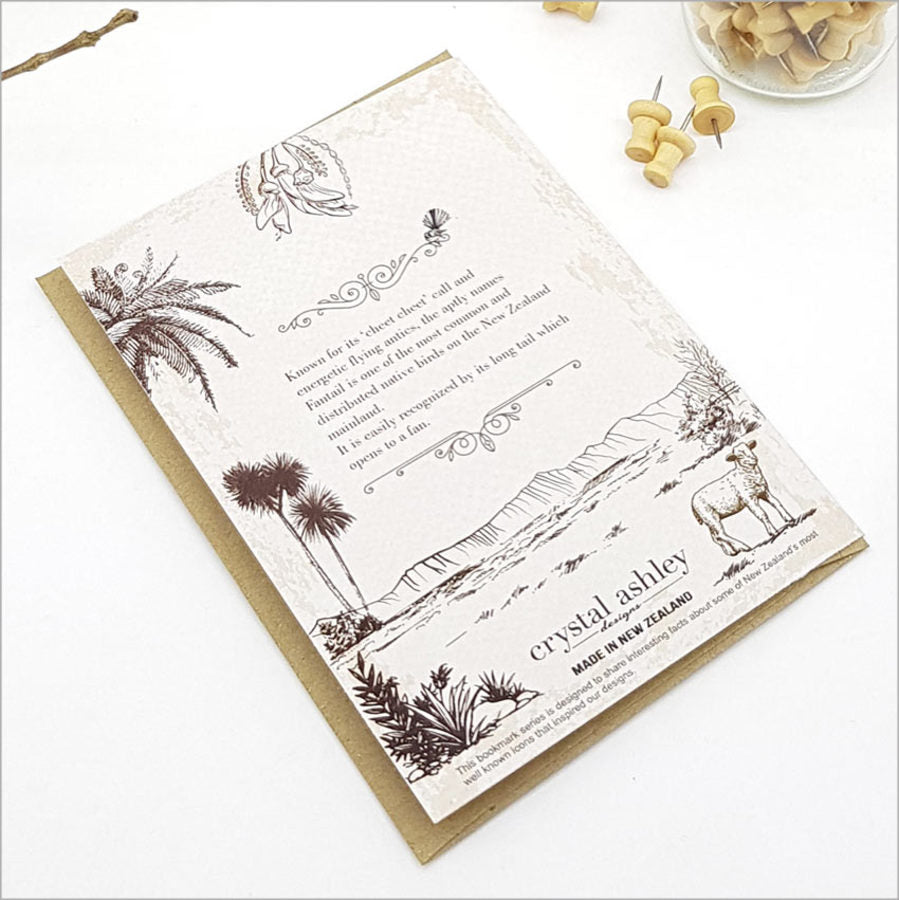 Vintage Kiwi Bookmark Greeting Card with bamboo bookmark, eco-friendly design celebrating New Zealand's native Kiwi bird.