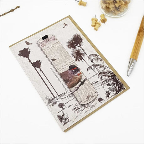 Vintage Fantail Bookmark Greeting Card featuring an illustrated bird, facts about NZ nature, and a bamboo bookmark.