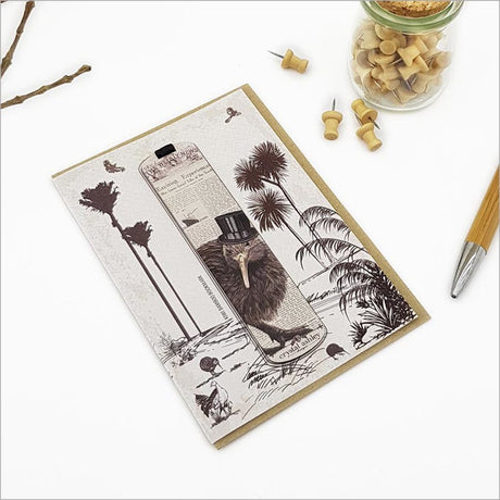 Vintage Kiwi Bookmark Greeting Card featuring beautiful artwork and a bamboo bookmark gift, ideal for nature lovers.