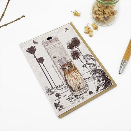 Vintage Ruru Morepork Greeting Card with bamboo bookmark, featuring stunning wildlife artwork and eco-friendly materials.