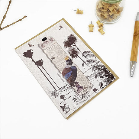 Vintage Tui Greeting Card with bamboo bookmark, showcasing New Zealand's iconic Tui bird in a rustic design.