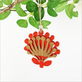 Ornament Pohutukawa Flower: Bamboo &  Red Satin Acrylic - Hanging Ornaments