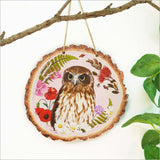 Wood Slice Art: Floral NZ Bird Ruru Morepork