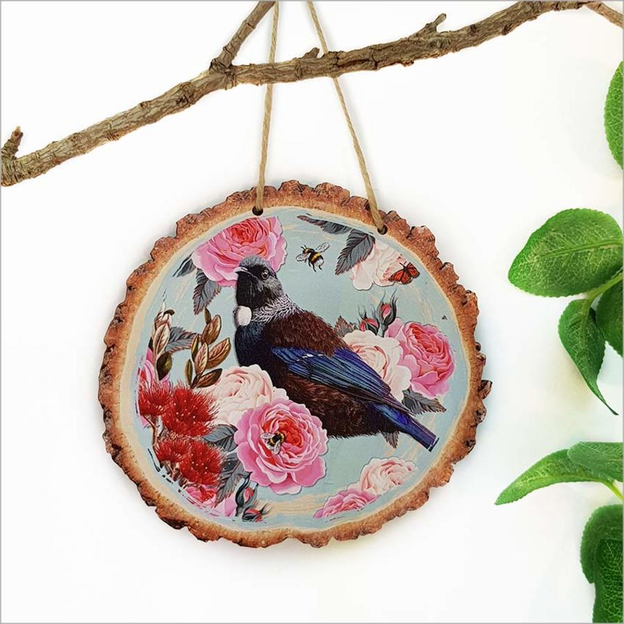 Wood Slice Art: Floral NZ Bird Tui