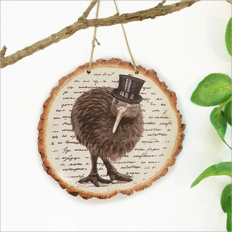 Vintage Kiwi wood slice art offering vibrant colors and rustic charm, perfect for home decor and nature lovers.