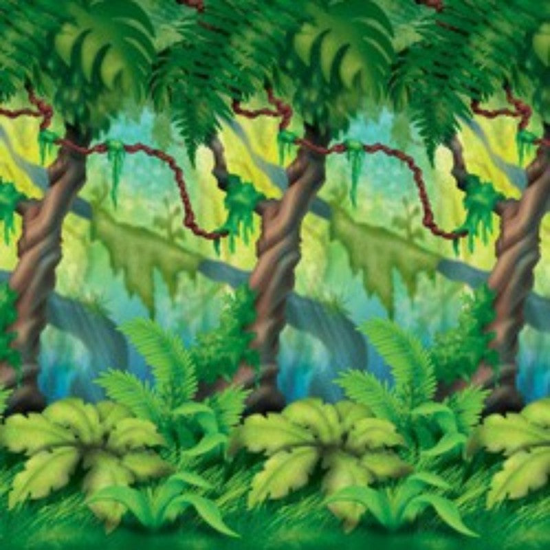 Jungle-themed backdrop featuring lush trees, perfect for parties and photo shoots, measuring 1.2m high by 9.1m long.