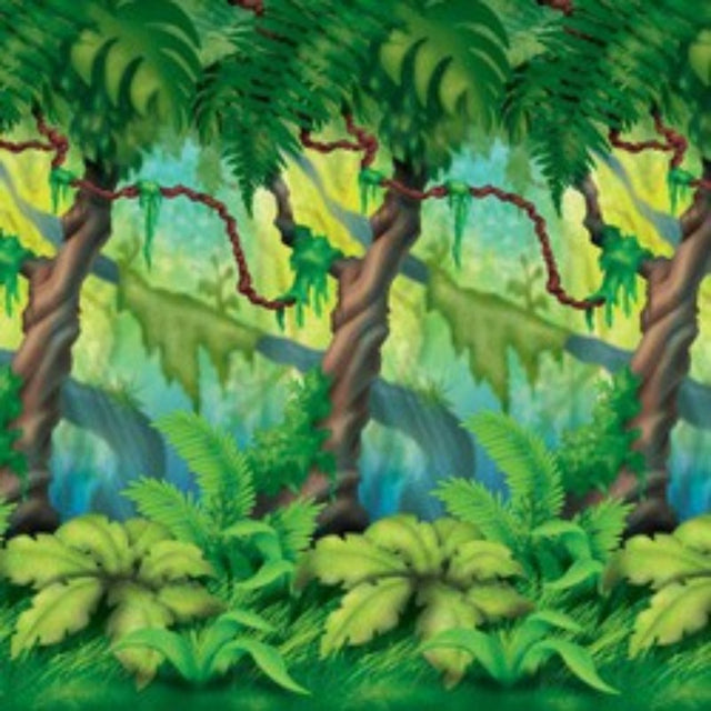 Jungle-themed backdrop featuring lush trees, perfect for parties and photo shoots, measuring 1.2m high by 9.1m long.