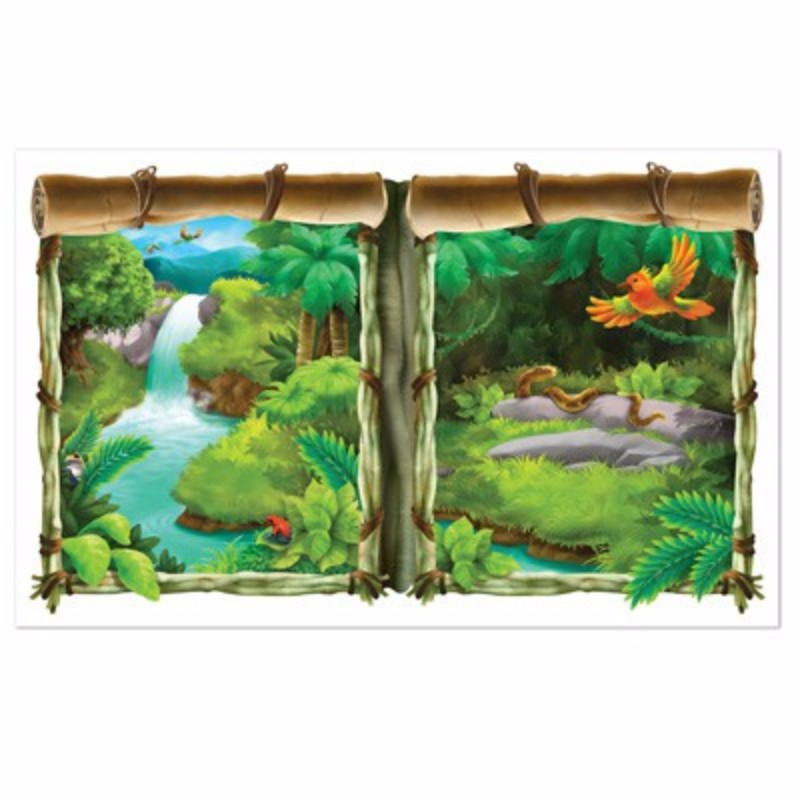 Vibrant Scene Setter Jungle Window View backdrop, 1.5m wide x 1m high, perfect for tropical-themed decor.