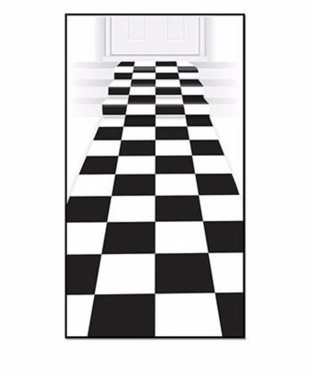 Stylish black and white checkered floor runner, 61cm x 3m, ideal for indoor or outdoor use with double-sided tape for easy installation.