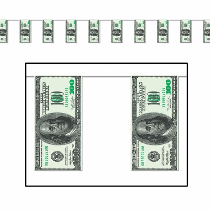 Vibrant Pennant Banner featuring 12 one hundred dollar bill designs, perfect for themed parties and festive gatherings.