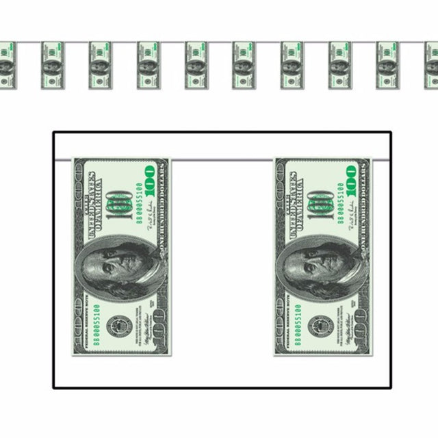 Vibrant Pennant Banner featuring 12 one hundred dollar bill designs, perfect for themed parties and festive gatherings.