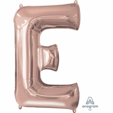 Letter E balloon in rose gold, 81cm, self-sealing, ideal for celebrations, floats for days with helium saver technology.