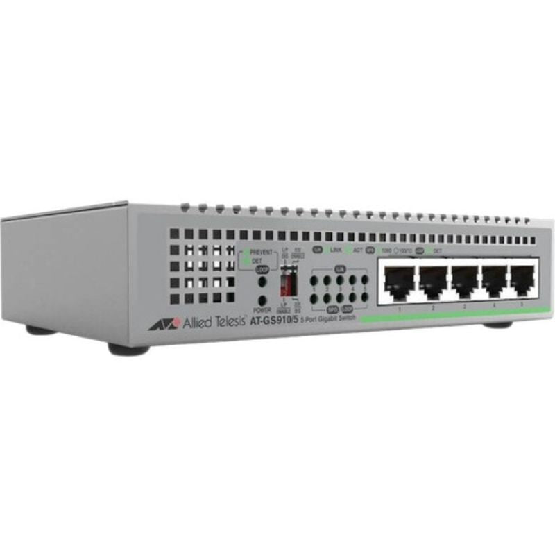 Allied Telesis CentreCOM GS910/5 5-Port Ethernet Switch with Loop Guard for reliable, eco-friendly networking.