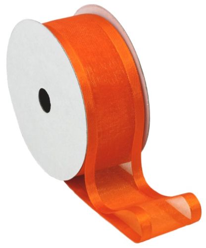 Burnt orange organza ribbon with satin edges, perfect for gift wrapping and DIY decorations, 38mm wide and 20m long.
