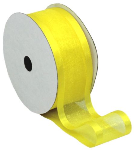Vibrant strong yellow organza ribbon with satin edge, 38mm wide and 20m long, ideal for crafting and decorations.
