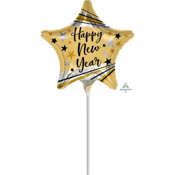 Vibrant 22cm Happy New Year foil balloons with colorful bursts and stars for festive celebrations.