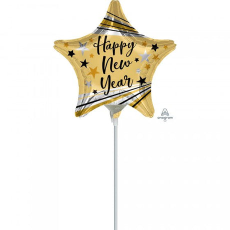 Vibrant 22cm Happy New Year foil balloons with colorful bursts and stars for festive celebrations.