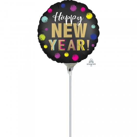 22cm Happy New Year satin dotted balloon featuring elegant satin dots, ideal for festive celebrations and easy to inflate.