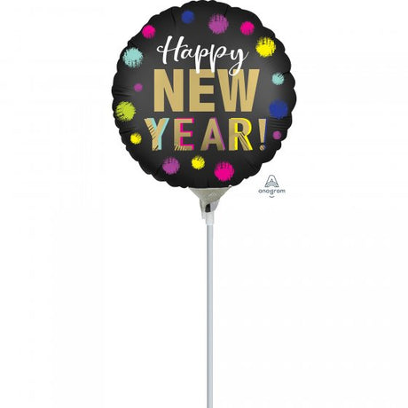 22cm Happy New Year satin dotted balloon featuring elegant satin dots, ideal for festive celebrations and easy to inflate.