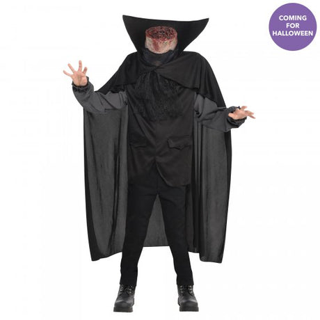 Headless Horseman costume for boys aged 8-10, featuring a neck headpiece, cape, and vest for Halloween adventures.