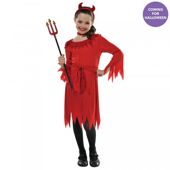 Little girl dressed as an adorable devil in a vibrant costume with a headband, perfect for Halloween and dress-up play.
