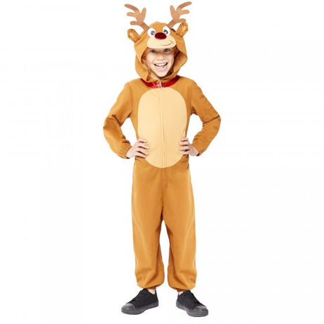 Cozy child reindeer jumpsuit with hood and antlers, perfect for Christmas festivities and imaginative play.