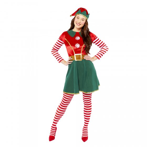 Women's elf costume in green with red accents, size 12-14, perfect for festive parties and holiday gatherings.